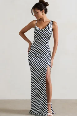 Magnetic | Navy Wave Print Cowl-Neck Split Maxi Dress