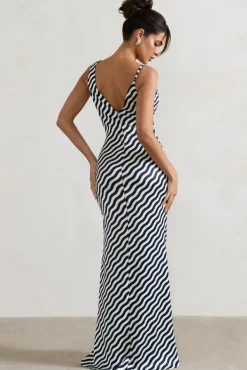 Magnetic | Navy Wave Print Cowl-Neck Split Maxi Dress