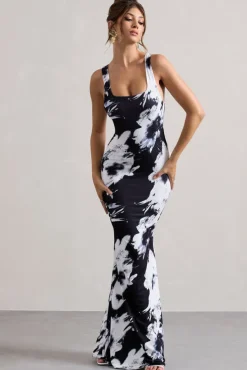 Mahina | Monochrome Floral Print Square-Neck Maxi Dress