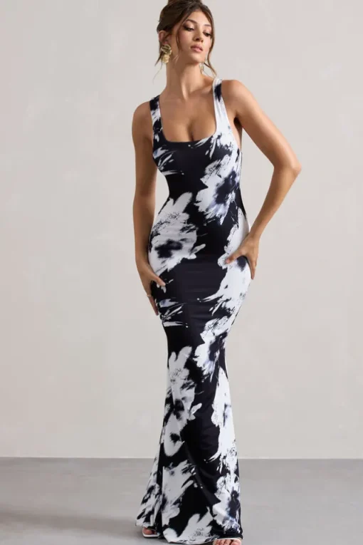 Mahina | Monochrome Floral Print Square-Neck Maxi Dress