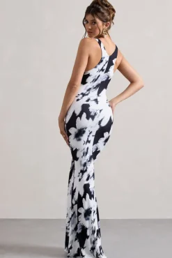Mahina | Monochrome Floral Print Square-Neck Maxi Dress