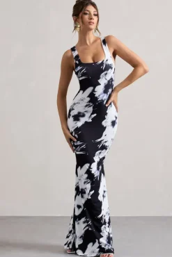 Mahina | Monochrome Floral Print Square-Neck Maxi Dress