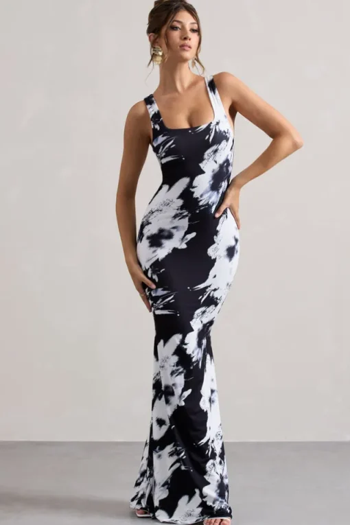 Mahina | Monochrome Floral Print Square-Neck Maxi Dress