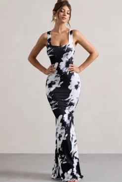 Mahina | Monochrome Floral Print Square-Neck Maxi Dress