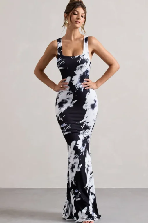 Mahina | Monochrome Floral Print Square-Neck Maxi Dress