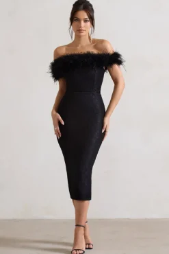 Maiden | Black Lace Bardot Midi Dress With Feather Trim