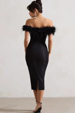 Maiden | Black Lace Bardot Midi Dress With Feather Trim
