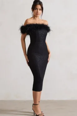 Maiden | Black Lace Bardot Midi Dress With Feather Trim