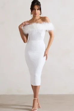 Maiden | White Lace Bardot Midi Dress With Feather Trim
