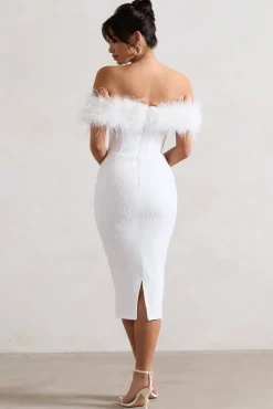 Maiden | White Lace Bardot Midi Dress With Feather Trim
