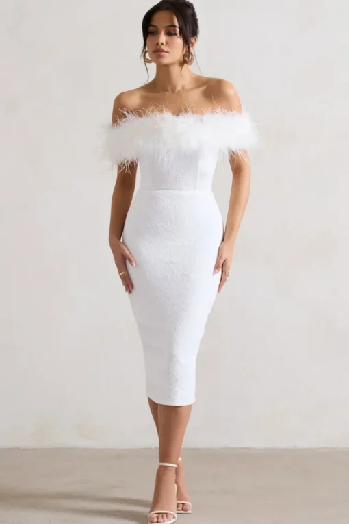 Maiden | White Lace Bardot Midi Dress With Feather Trim