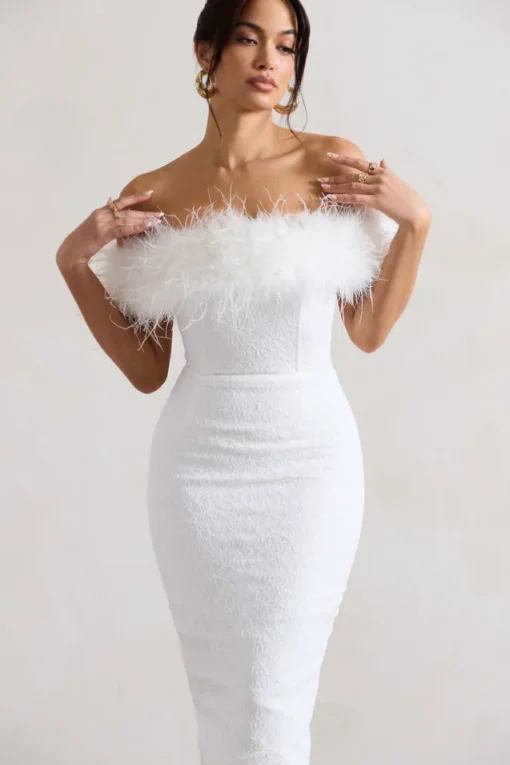 Maiden | White Lace Bardot Midi Dress With Feather Trim
