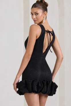 Main Present | Black Glittered V-Neck Mini Dress With Ruffle Trim