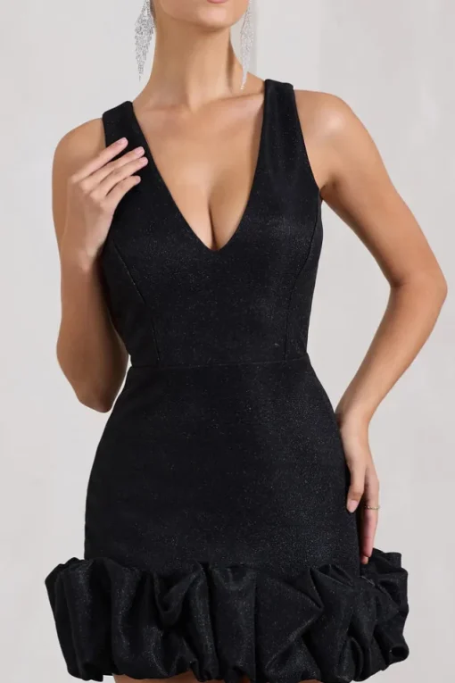 Main Present | Black Glittered V-Neck Mini Dress With Ruffle Trim