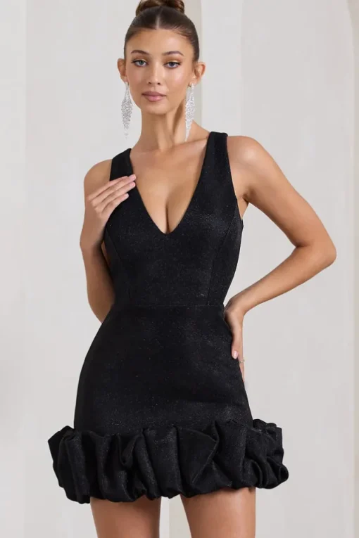 Main Present | Black Glittered V-Neck Mini Dress With Ruffle Trim