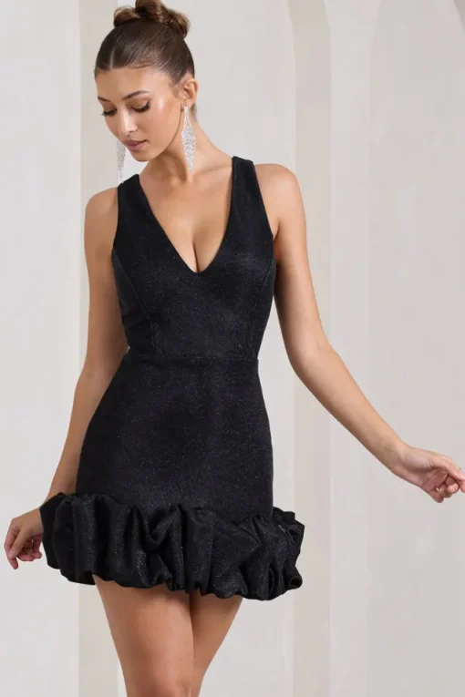 Main Present | Black Glittered V-Neck Mini Dress With Ruffle Trim