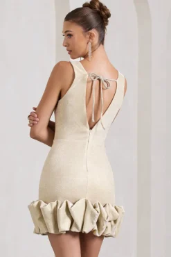 Main Present | Gold Glittered V-Neck Mini Dress With Ruffle Trim