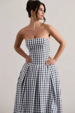 Maisy | Black u0026 White Gingham Strapless Maxi Dress