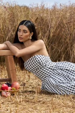 Maisy | Black u0026 White Gingham Strapless Maxi Dress