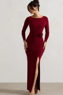 Makayla | Berry Long-Sleeve Wrap Maxi Dress With Corsages