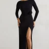Makayla | Black Long-Sleeve Wrap Maxi Dress With Corsages