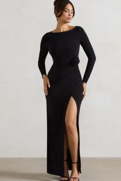 Makayla | Black Long-Sleeve Wrap Maxi Dress With Corsages