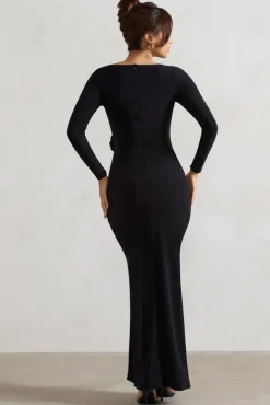 Makayla | Black Long-Sleeve Wrap Maxi Dress With Corsages