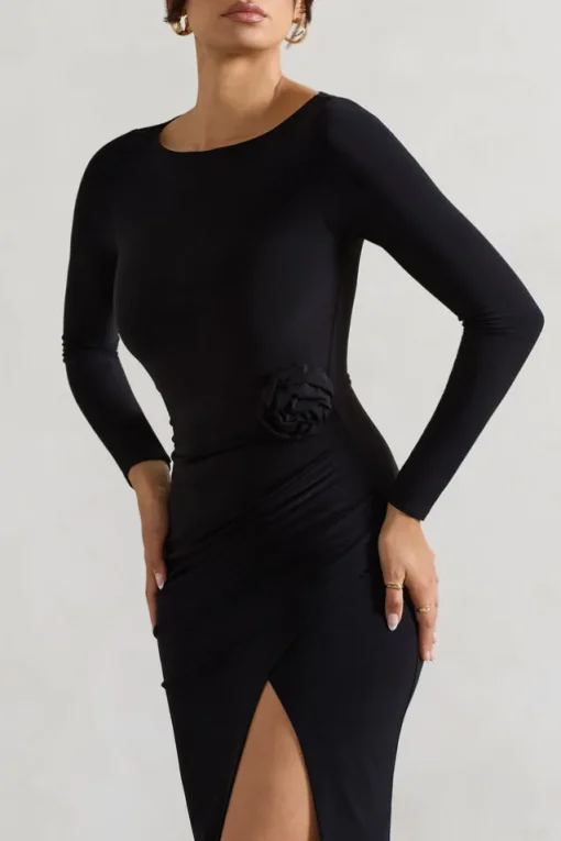 Makayla | Black Long-Sleeve Wrap Maxi Dress With Corsages