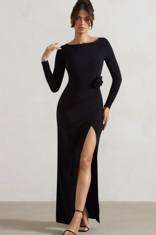 Makayla | Black Long-Sleeve Wrap Maxi Dress With Corsages