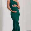Make My Day | Bottle Green One-Shoulder Ruched Split Maternity Maxi Dress