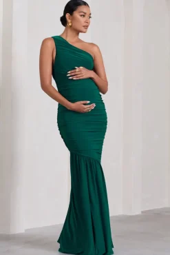 Make My Day | Bottle Green One-Shoulder Ruched Split Maternity Maxi Dress