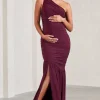 Make My Day | Burgundy One-Shoulder Ruched Split Maternity Maxi Dress