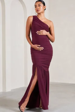 Make My Day | Burgundy One-Shoulder Ruched Split Maternity Maxi Dress
