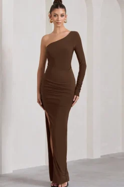Mallory | Chocolate Brown Asymmetric Split Maxi Dress