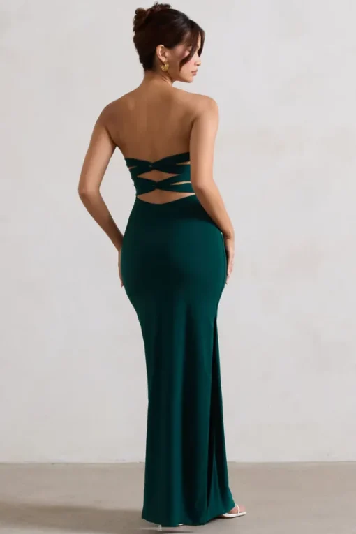 Manon | Bottle Green Sweetheart Bandeau Maxi Dress With Thigh Split