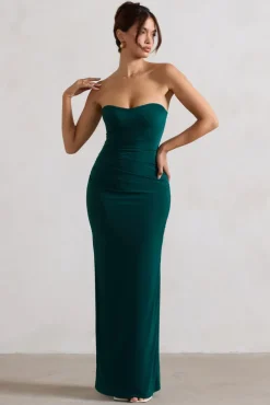 Manon | Bottle Green Sweetheart Bandeau Maxi Dress With Thigh Split