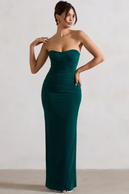 Manon | Bottle Green Sweetheart Bandeau Maxi Dress With Thigh Split