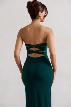 Manon | Bottle Green Sweetheart Bandeau Maxi Dress With Thigh Split