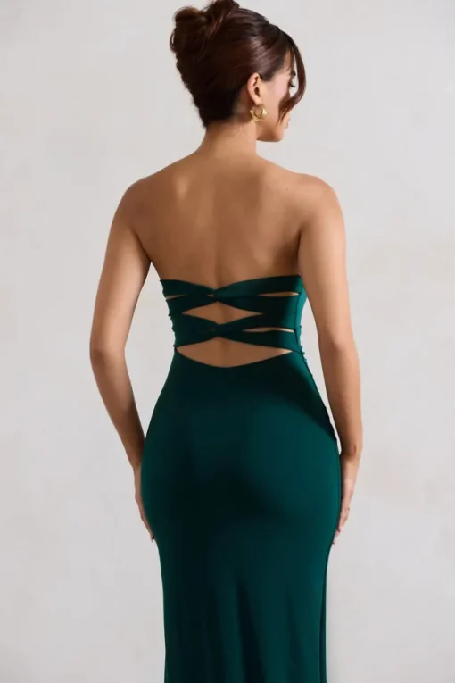 Manon | Bottle Green Sweetheart Bandeau Maxi Dress With Thigh Split