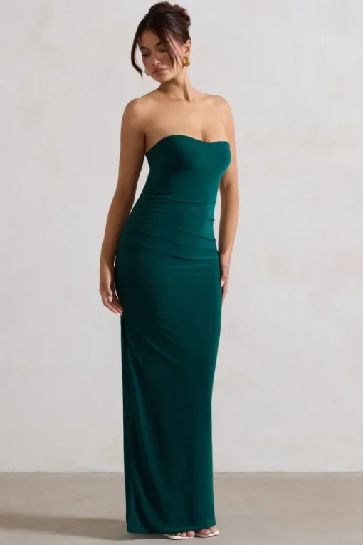 Manon | Bottle Green Sweetheart Bandeau Maxi Dress With Thigh Split