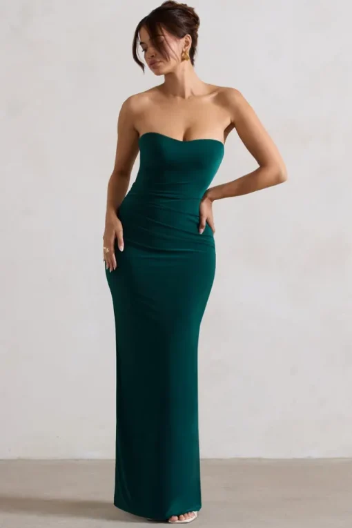 Manon | Bottle Green Sweetheart Bandeau Maxi Dress With Thigh Split