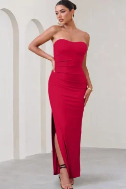 Manon | Red Sweetheart Bandeau Maxi Dress With Thigh Split