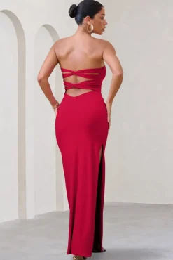Manon | Red Sweetheart Bandeau Maxi Dress With Thigh Split