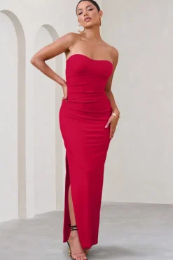 Manon | Red Sweetheart Bandeau Maxi Dress With Thigh Split