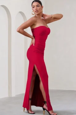Manon | Red Sweetheart Bandeau Maxi Dress With Thigh Split