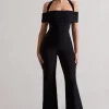 Mara | Black Bardot Halter-Neck Flared-Leg Jumpsuit
