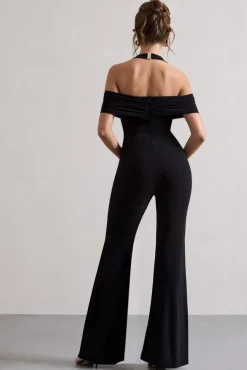 Mara | Black Bardot Halter-Neck Flared-Leg Jumpsuit