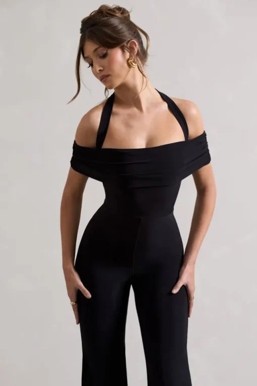 Mara | Black Bardot Halter-Neck Flared-Leg Jumpsuit