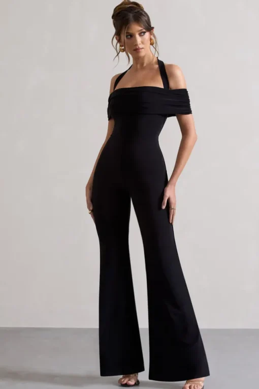 Mara | Black Bardot Halter-Neck Flared-Leg Jumpsuit