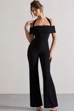 Mara | Black Bardot Halter-Neck Flared-Leg Jumpsuit